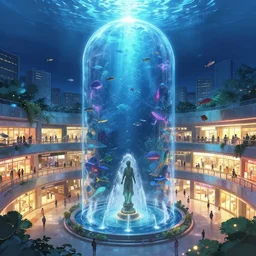 multi-level shopping mall in a bustling beautiful city on the sea floor in a glass dome at night, anime, fountain, statue, underwater, rapture, fish flying over head, godrays, a fantasy digital painting by Makoto Shinkai, trending on Artstation, highly detailed