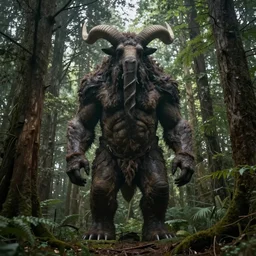 Gigantic creature with horns standing in the forest between trees, realistic