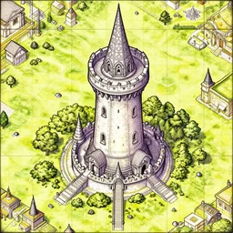 aerial view of wizard tower, colored lineart game tile