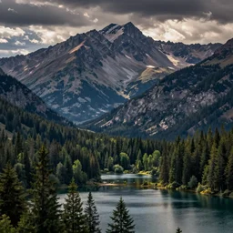 mountains, trees, and lake, in the style of south park