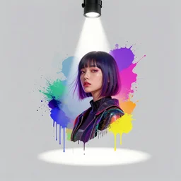 contemporary collage of a cyberpunk girl, spotlight, minimal, paint drips, mixed media, paint splatter, vibrant colors, trendy colors 2 0 2 2, futuristic clothing, rule of thirds, fashion shot, by john baldessari, max ernst, david maljkovic