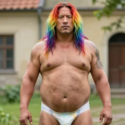 obese dwayne johnson long haired rainbow colored hair lgbt rainbow haired obese dirty trans wearing diapers, looking at the camera, medium shot, fat belly, trip to legnica, very realistic film still, natural