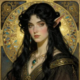 silwe, high elf jewelsmith, noldor, black haired, dark robes, lithograph, art nouveau