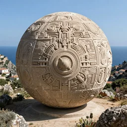 photograph by michal karcz of a gigantic paleolothic sphere made of stone with highly detailed carvings by moebius of intricate shamanic robotic electronics and circuits, in a mediterranean lanscape, inside a valley overlooking the sea, mediterranean island scenery, mediterranean vista
