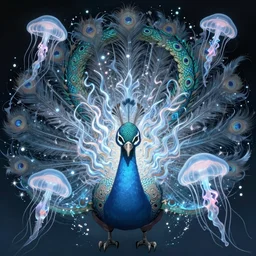 dragon ( ( ( ( peacock ) ) ) ). intricate, centered, amazing composition by amano yoshitaka, by rembrandt 1 6 6 7, illustrious makinami, digital art, digital painting, artstation trending, unreal engine, beautiful light and shadows, matte, fractal flame, transparent jellyfish, transparent feathers, bio luminescent, ice, water