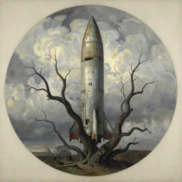 abandoned rocketship, many thick dark knotted branches, detailed, ethereal, round clouds, dramatic lighting, rough unfinished foggy aged artwork by Paul Cézanne by Gustav Courbet
