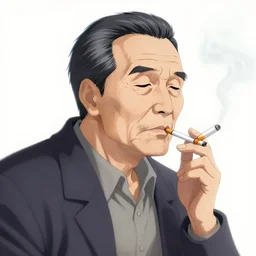 anime old man smoking a cigarette, white smoke, chromatic aberration, art by Ross Tran