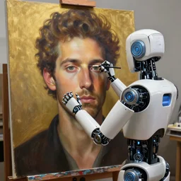 robot artist painting a self - portrait on a canvas. intricate, highly detailed, photorealistic, digital matte painting, in the style of alexandros pyromallis, and in the style of sachin teng, and in the style of hans thoma, and in the style of gil elvgren. irony, recursion, golden hour.