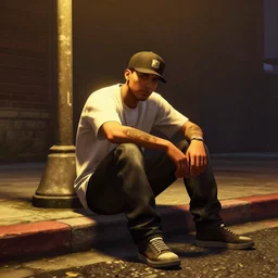 young guy wearing a cap and sitting on a curb under a warm street light in the dark, gta v, unreal engine, art by greg rutkowski