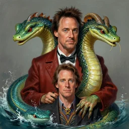 two - headed hydra, jim carey as lloyd christmas and jeff daniels as harry dunne from dumb and dumber, serpentine water monster, d & d, fantasy, portrait, highly detailed, digital painting, trending on artstation, concept art, sharp focus, illustration, art by artgerm and greg rutkowski and magali villeneuve