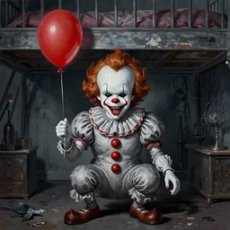 grunge painting of underneath your bed with a wide smile and a red balloon by chris leib, loony toons style, pennywise style, corpse bride style, horror theme, detailed, elegant, intricate, conceptual, volumetric light