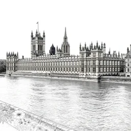 above themes river near parliament, line art by stephen wiltshire