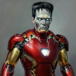 realistic portrait beautiful painting of ironman mutate into frankenstein. horror, created by thomas kinkade.