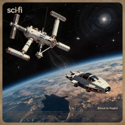 “sci fi poster depicting a space station in orbit. With a unique starship flying by. In the style of a retro fantasy novel cover .”