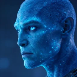 still frame from blockbuster comicbook movie showing a closeup of a character with glowing blue skin, their face in profile, showcasing impressive groundbreaking cgi with subsurface illumination effects which make the character appear to be made of cherenkov radiation.