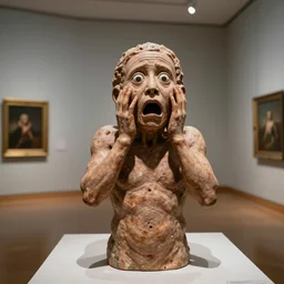 a teratoma in the middle of a museum room realizing that he has consciousness. his face expresses horror