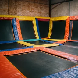 empty colorful trampoline park, realistic, nostalgic, detailed.