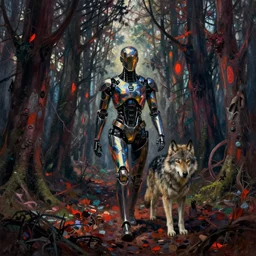 a cyborg in mantle walking with a wolf in a deep abandoned forest, refracted lighting, art by collier, artem demura, neo - gothic, gothic, rich deep colors. beksinski painting, francis bacon, masterptiese
