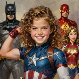 a little muscled girl with a mischievous face and light brown curly wavy hair. she is dressed as captain america, batman, the flash, captain marvel, wonder woman, a superhero. clean elegant painting, beautiful detailed face. by artgerm and greg rutkowski and alphonse mucha