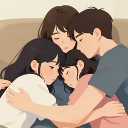 close - up of three young people cuddling in the sofa, 2 8 4, romantic, group hug, polyamory, highly detailed, smooth, stylized, vector line art, clean cel shaded vector art, by lois van baarle, ross tron, artgerm, helen huang, makoto shinkai, ilya kuvshinov, rossdraws