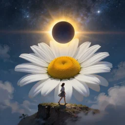 huge white daisy flower head, girl walking on cliff, surreal photography, solar eclipse, milky way, dramatic light, impressionist painting, clouds, digital painting, artstation, james gilleard and liam wong and jeremy mann