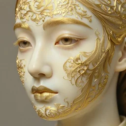 a beautiful girl's face made of ivory and gold filigree, film still by edward hopper, by Pontormo, by klimt, art noveau, highly detailed, strong lights, liminal, eerie, Bright pastel colors, octane rendere, 8k,