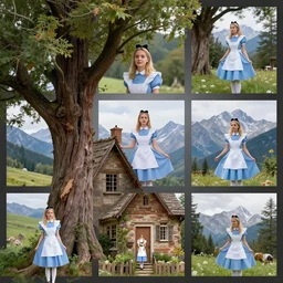 alice in wonderland, woman, house, tree, mountains, photo, collage, 4 k, 8 k, high definition