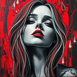 jpeg compression, black red white features, stunning female, exposed rtx 2 0 6 0 circuitry, oil on canvas, greg rutkowksi, abstract composition, trending on artstation, 2 4 0 p, psychedelic backdrop