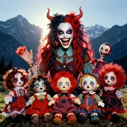 a colorful portrait photograph of divine in a mountains, with diabolical cursed creepy dolls, poppy playtime style, with crazy laughs and crazy eyes, taken by martin parr, saturated colour photo, back light flash, studio light, high definition,, 3 5 mm, 8 k