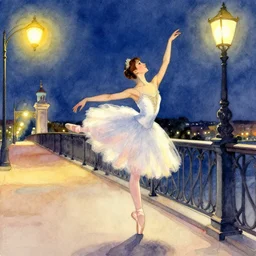 a hiper intricate watercolor of a beautiful ballerina at midnight by the light of the street lights on the bridge extremely detailed, sharp focus, wide view, smooth, digital illustration, colorfull, by william turner art, by edgar degas