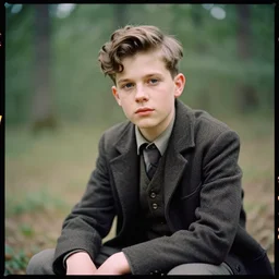 kodak portra 4 0 0, 8 k, highly detailed, britt marling style 3 / 4 photographic close, colour portrait of a handsome boy is sitting in the woods, up face with 1 9 2 0 s hairstyle, 1 9 2 0 s clothing style, asymmetrical, hasselblad x 1 d - 5 0 c, 1 0 0 mm f 1. 8, soft light
