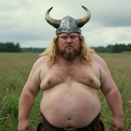 chubby viking man, out in a field, with horned helmet, with hairy nipples, painted by ron arad and steve argyle, blonde hair, cinematic