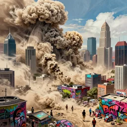 long exposure photograph of dust storms above an Beautiful Orwellian City filled with climate crisis migrants, Singapore, detailed textures, hyper realistic, vibrant colors, cinematic lighting, graffiti art style, climate change, digital art painting by greg rutkowski and RIdley Scott, cinematic, concept art, 35mm grain filter, artstation