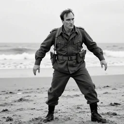 quentin tarantino storming the beach of normandy, wearing a soldier uniform, black and white, high resolution