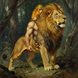 anthro lion soldier in the forest, character design, painting by gaston bussiere, craig mullins, j. c. leyendecker, tom of finland
