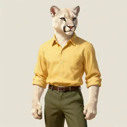 beautiful commission of a male Furry Anthro albino mountain lion Fursona wearing a yellow button-down shirt, olive green slacks in a old-timey western town. Atmospheric. Renowned character illustration by greg rutkowski, thomas kindkade, alphonse mucha, loish, norman rockwell. detailed, inked, western comic book art