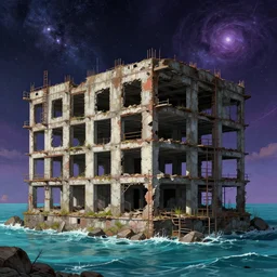 a beautiful detailed illustration of abandoned building unfinished building industrial architecture sea fort by noah bradley, vaporwave galactic universe, archdaily, wallpaper, highly detailed, trending on artstation.
