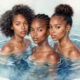 beautiful watercolor painting of young black women under water, intricate, elegant, highly detailed, digital painting, artstation, concept art, smooth, sharp focus, art by krenz cushart and artem demura and alphonse mucha, dynamic lighting, ultrarealistic, cinematic, octane render, 8 k