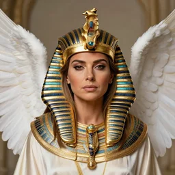 melania trump with golden pharaoh headdress, and angel wings, elegant, angelic, trending on artstation
