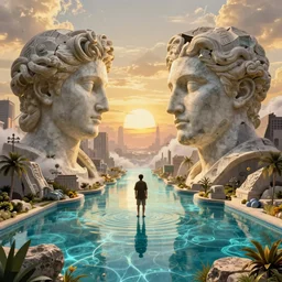 David Friedrich, Esao Andrews, scifi landscape, hyperrealistic surrealism, award winning masterpiece with incredible details, epic stunning, infinity pool, a surreal vaporwave liminal space, highly detailed, trending on ArtStation, artgerm and greg rutkowski and alphonse mucha, daily deviation, IAMAG, broken giant marble head statue ruins, golden hour
