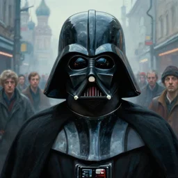 realistic extremely detailed movie still closeup portrait painting of darth vader in a foggy crowded futuristic moscow street by denis villenueve, amano, yves tanguy, alphonse mucha, ernst haeckel, jean delville, ilya repin, edward robert hughes, andrei tarkovsky, roger dean, rich moody cold colours, closeup