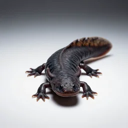 melanistic axolotl, studio photography, full body, isolated on a pure white background, centered, entire subject in frame, sharp focus, soft studio lighting