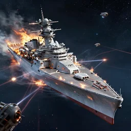 a gigantic battlecruiser burning during an epic space battle, lasers are firing everywhere, a planet in the background. 3D render, octane render, trending on Artstation, cinematic lighting, strong detail.