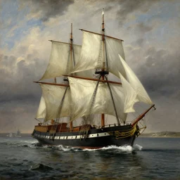 portrait of a victorian ship sailing down a river, 1 9 th century, highly detailed, cinematic lighting, painting in the style of john ward
