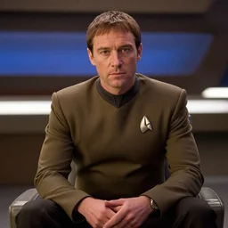 A film still of Jude Law in a Star Trek: The Next Generation, sitting in Ten Forward, dramatic lighting