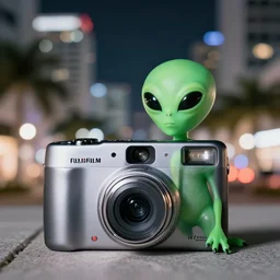fujifilm quicksnap 4 0 0 photography of little alien in miami night, bokeh background