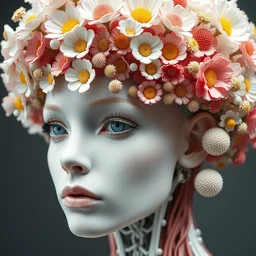 beautiful portrait of a porcelain ivory fair face woman biomechanical cyborg, close - up, sharp focus, studio light, iris van herpen haute couture headdress made of rhizomorphs, daisies, arches, brackets, herbs, colorful corals, fractal mushrooms, puffballs, octane render, ultra sharp, 8 k