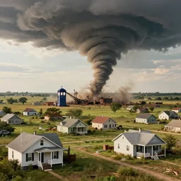 photo realistic panoramic film still of homes in dorothy's neighborhood being taken away by a giant texas tornado, in the art style of dr. who, highly detailed, wizard of oz kansas farm environment, early morning, vivid color, 8 k