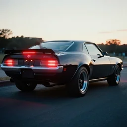 retro wave picture of a black camaro mach 1, red and blue reflections, backlit, soft focus