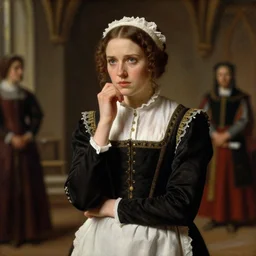 portrait of a noble household's medieval chambermaid in her early thirties with a worrisome and compassionate personality, by Raymond Swanland Greg Rutkowski Lise Deharm, {perfect face}, {perfect eyes}, elegant regal posture, 4k, masterpiece